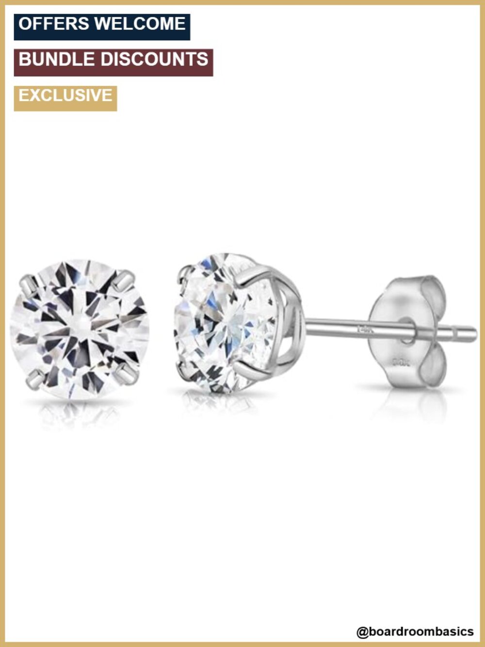 14K Solid White Gold Cubic Zirconia Stud Earrings Round Solitaire